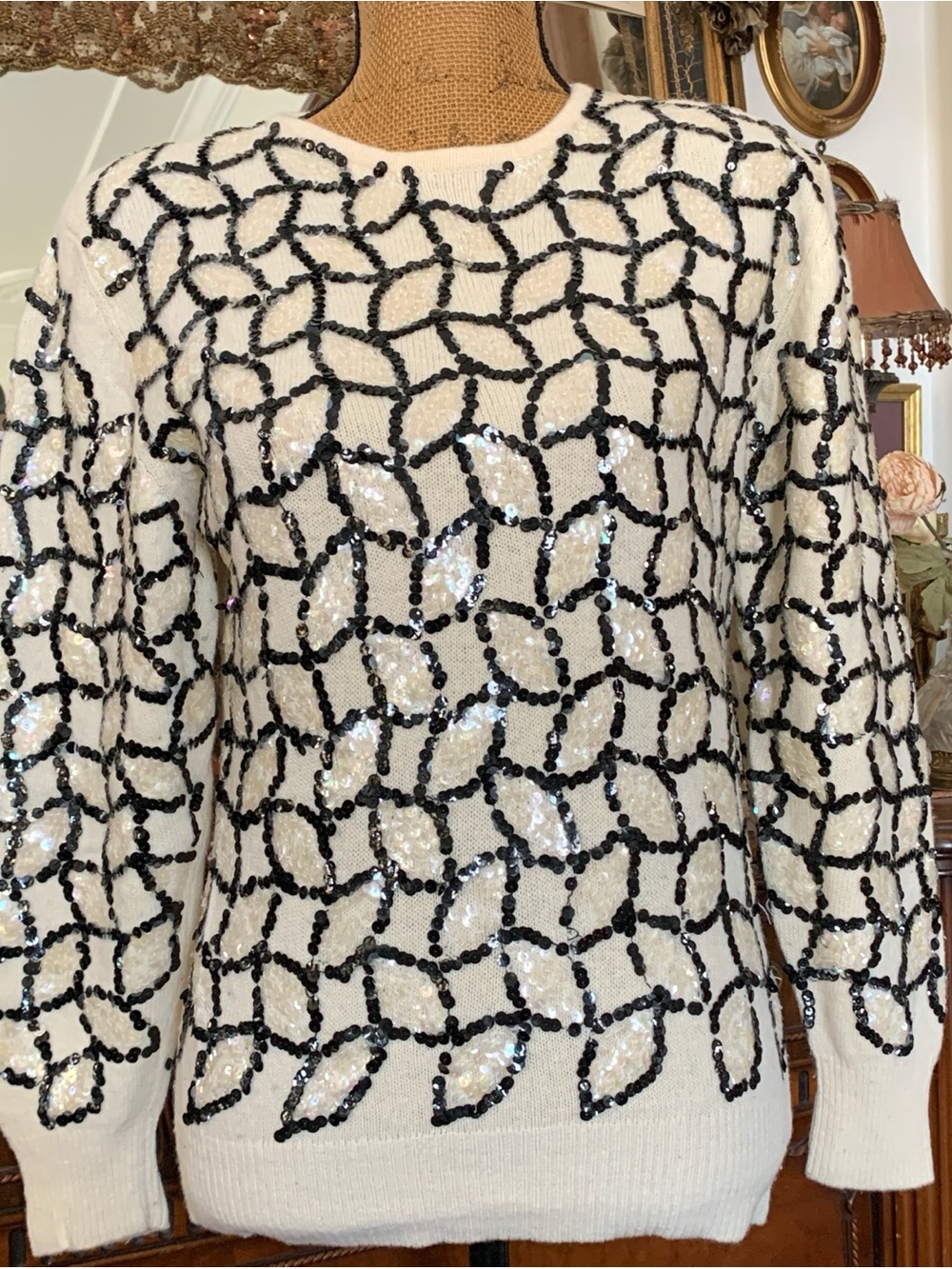 Vintage 80’s-90's? Ivory Lambswool Angora Mix Sweater w Sequins & Shoulder Pads